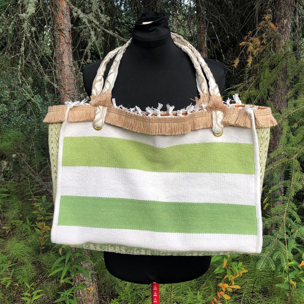 Brown Green Cream Stripe Recycled Carpet Tote Bag Purse Gold Lining Tapestry